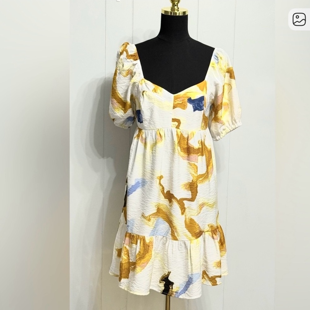 #13) Nine West Yellow and Blue Abstract Midi Dress (lightweight)